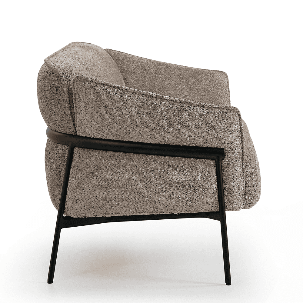 Zijaanzicht van de beige Nova Flow bank met zwart onderstel