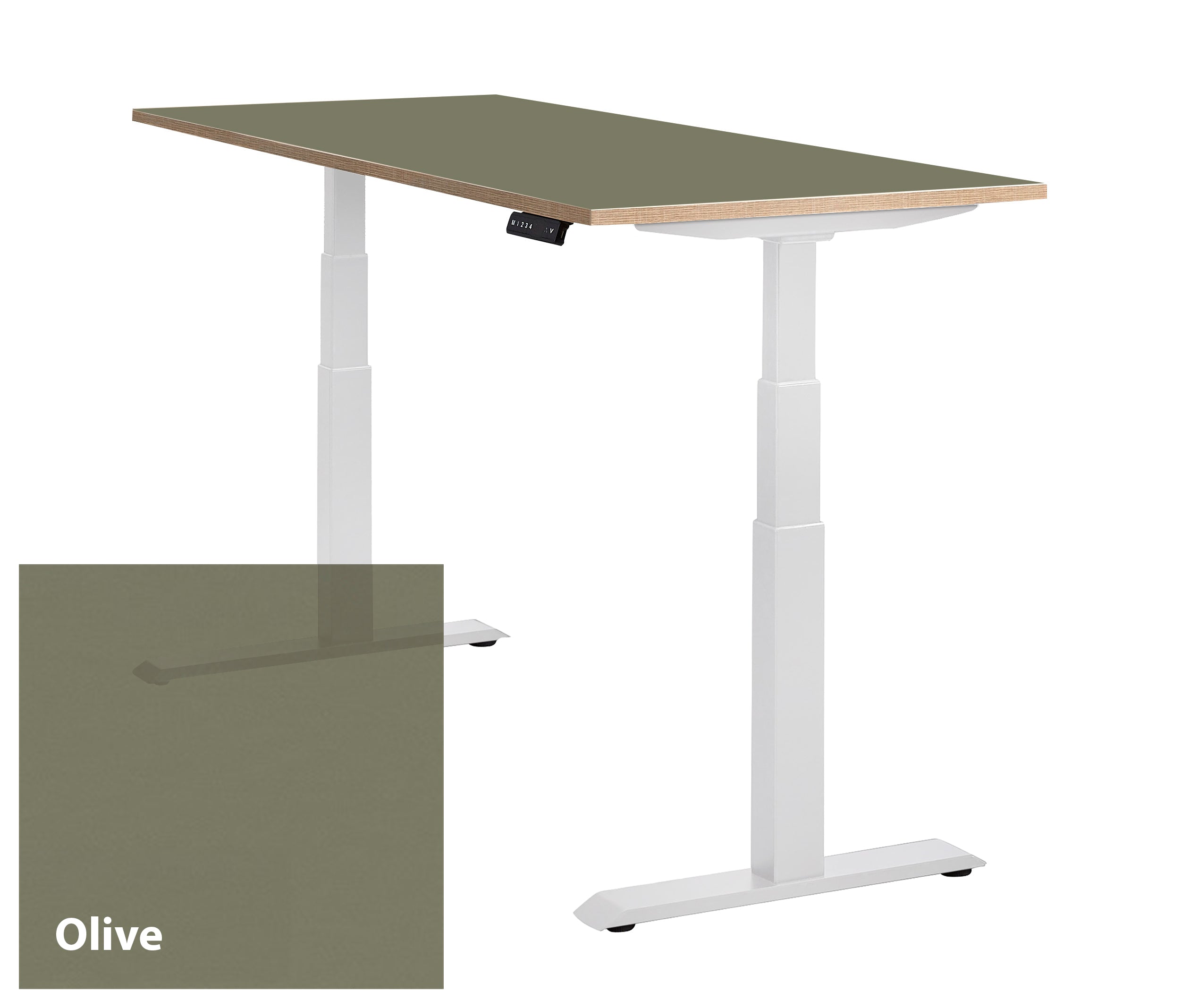 Bureau Lino met wit frame, olive kleurig werkblad gemaakt van linoleum en berkenmultiplex