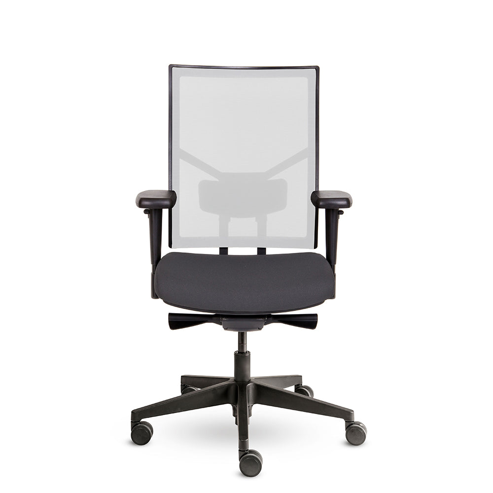 Bureaustoel Dani witte netwave rugleuning, voorkantaanzicht met zwarte zitting en zwart voetkruis.