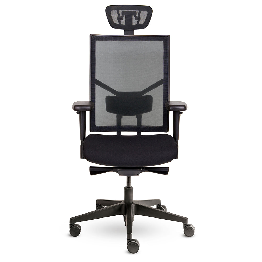 Ergonomische Bureaustoel Dani met zwart voetkruis, netwave rugleuning en hoofsteun voorkant.