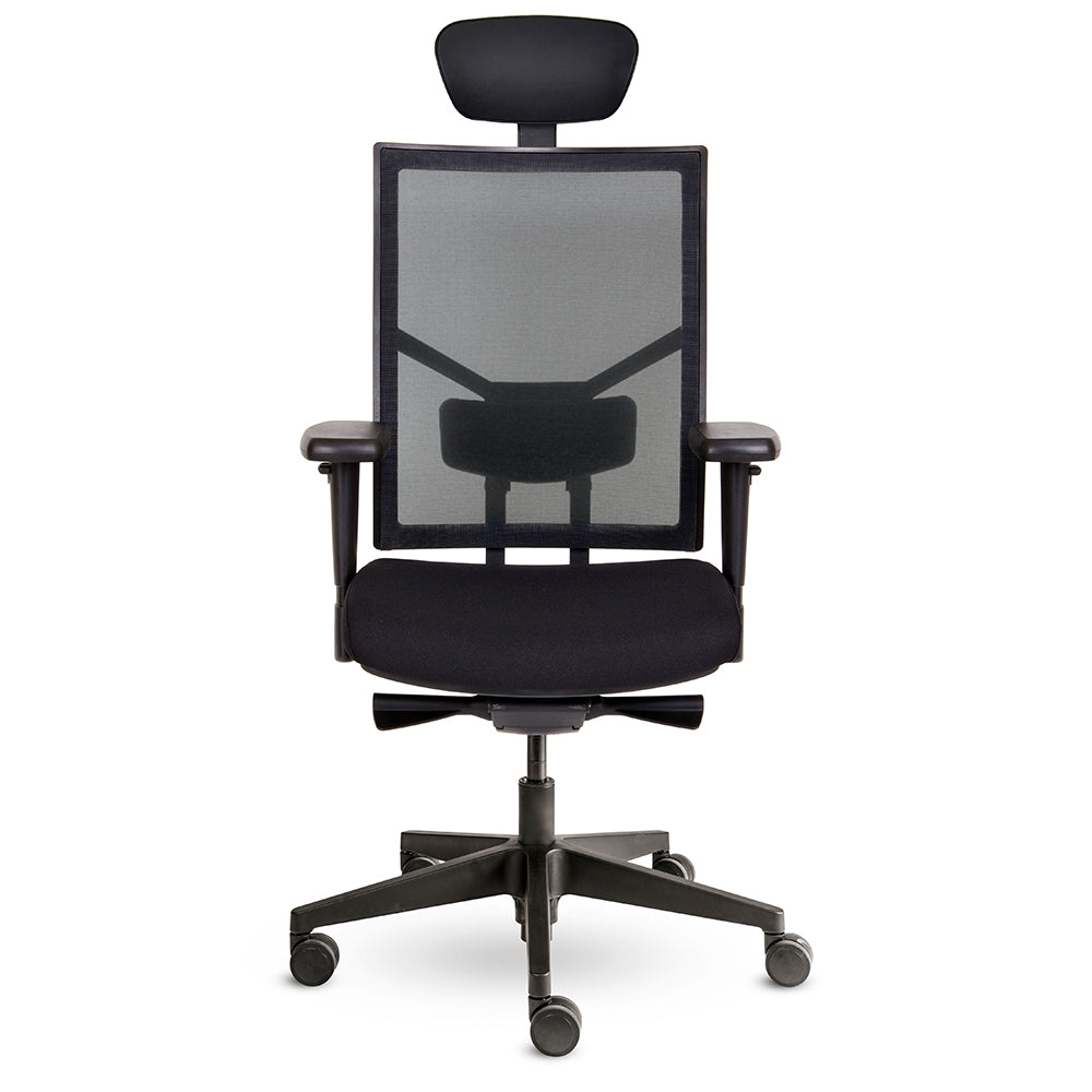 Bureaustoel Dani met zwart voetkruis, netwave rugleuning en hoofsteun dicht voorkantaanzicht voor ergonomisch zitcomfort.