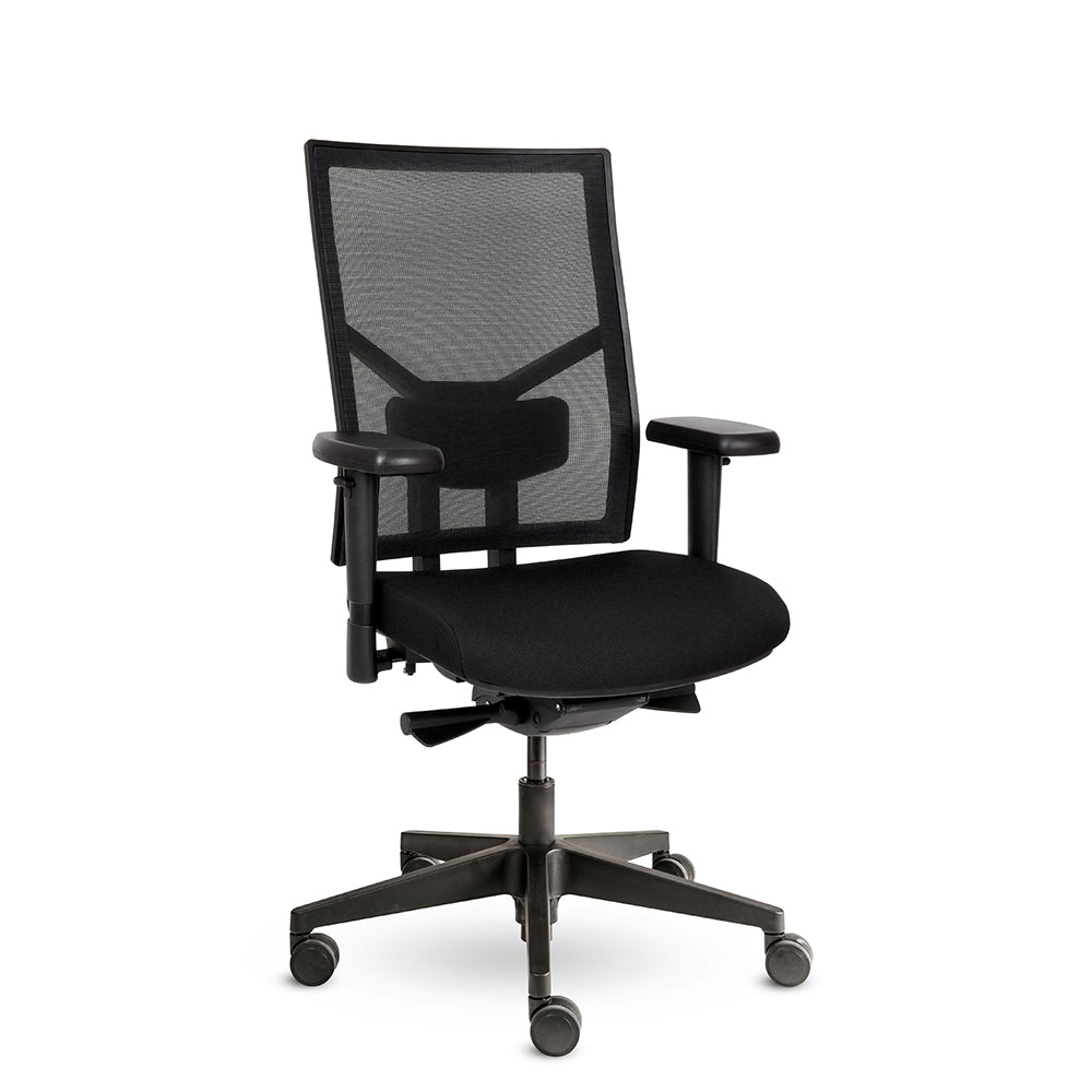 Bureaustoel Dani zwart voetkruis en netwave rugleuning, rechtsvoor aanzicht, ergonomisch design voor optimaal zitcomfort.