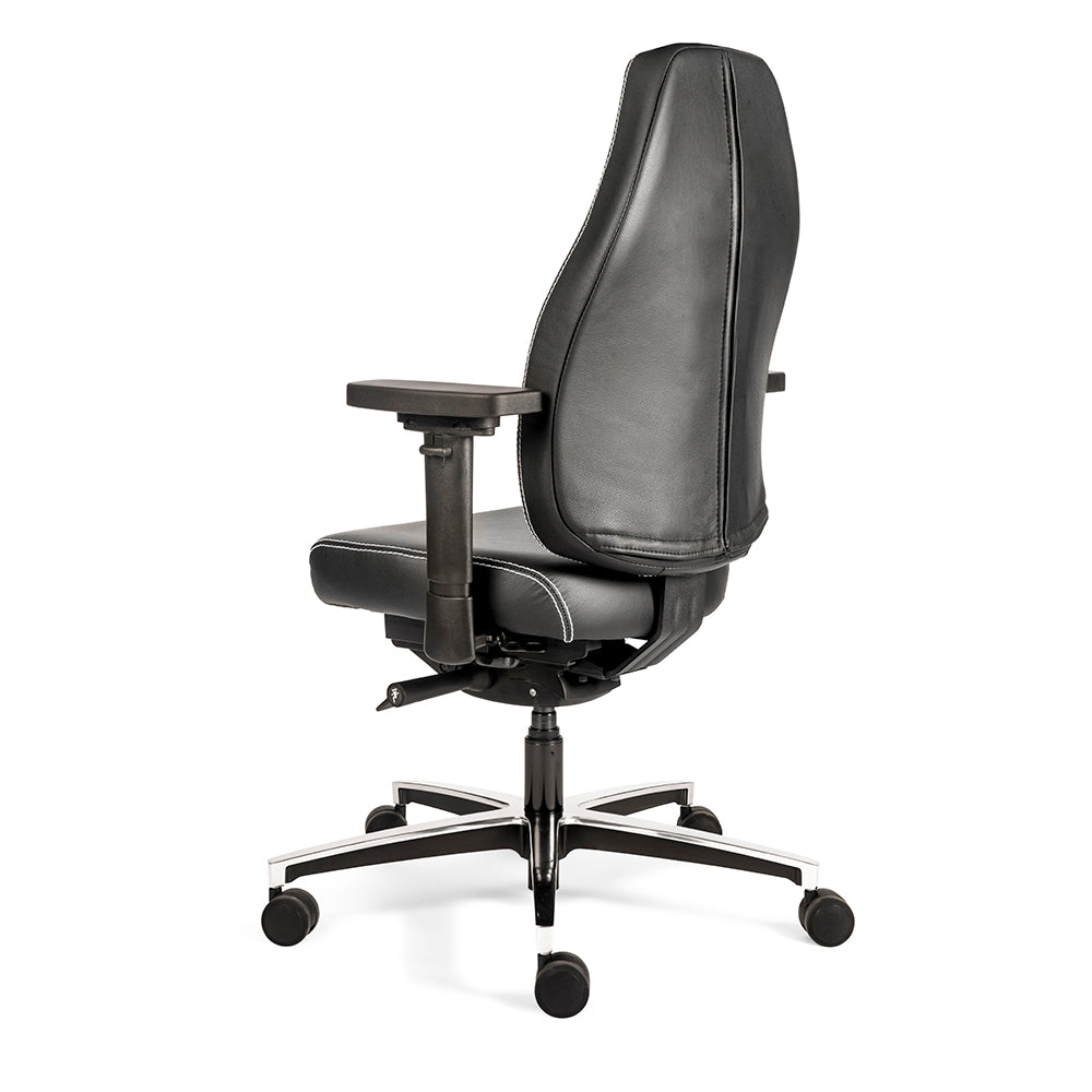 Bureaustoel Therapod X, aluminium voetkruis, leren bekleding, rits duidelijk zichtbaar, zijaanzicht vanaf linksachter
