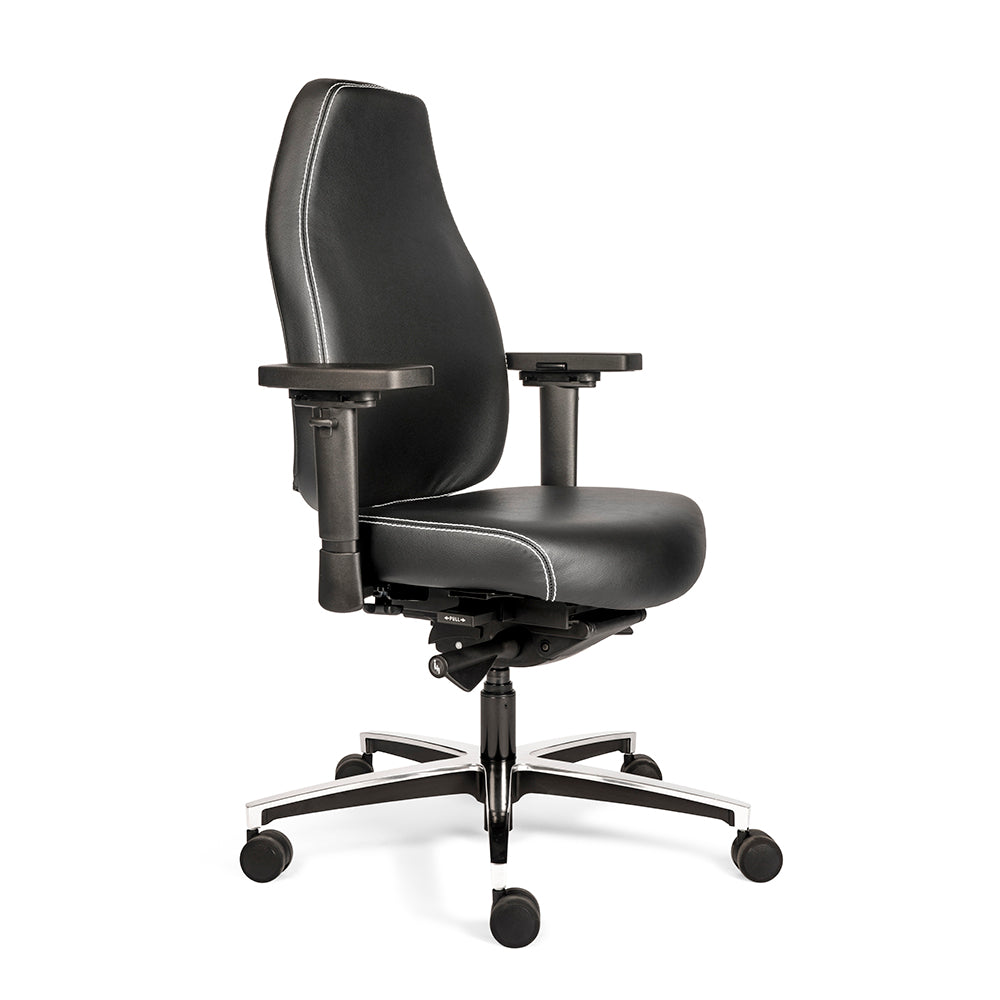 Bureaustoel Therapod X, aluminium voetkruis, leren bekleding, zijaanzicht vanaf rechtsvoor.