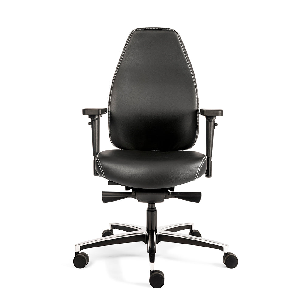 Bureaustoel Therapod X, aluminium voetkruis, leren bekleding, zicht op zitting en ergonomische instelknoppen, vooraanzicht.