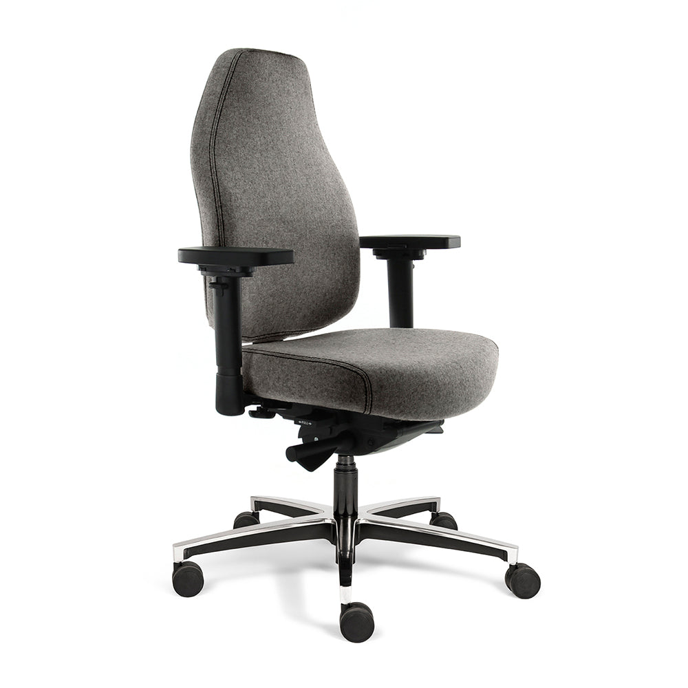 Bureaustoel Therapod X, aluminium voetkruis, middengrijs wolvilt stoffering, zijaanzicht vanaf rechtsvoor.