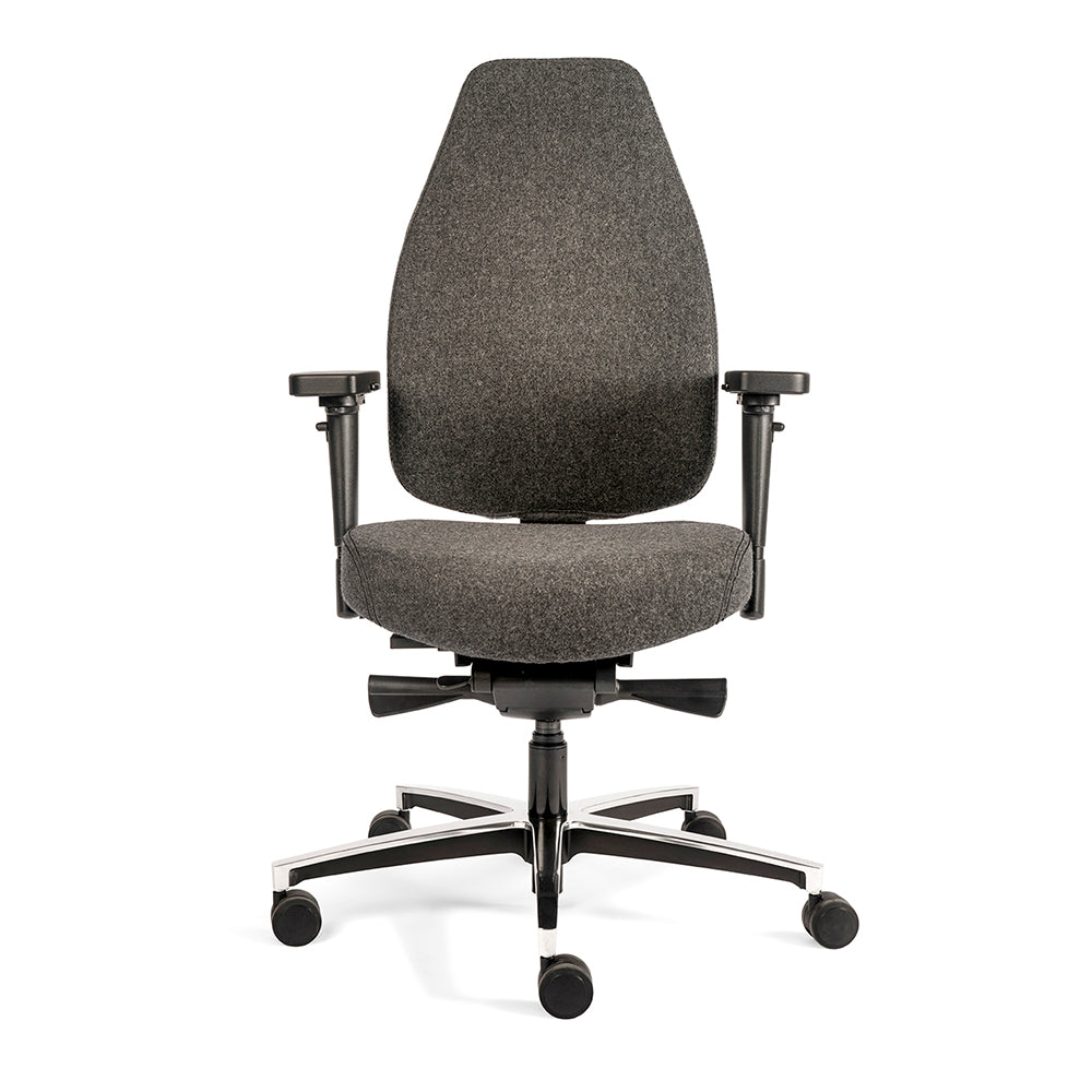 Bureaustoel Therapod X, aluminium voetkruis, middengrijs wolvilt stoffering, vooraanzicht.