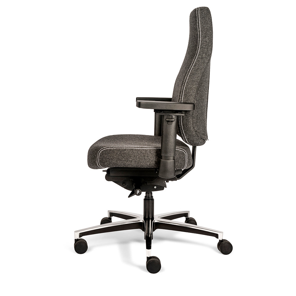 Bureaustoel Therapod X, aluminium voetkruis, middengrijs wolvilt stoffering, zijaanzicht.