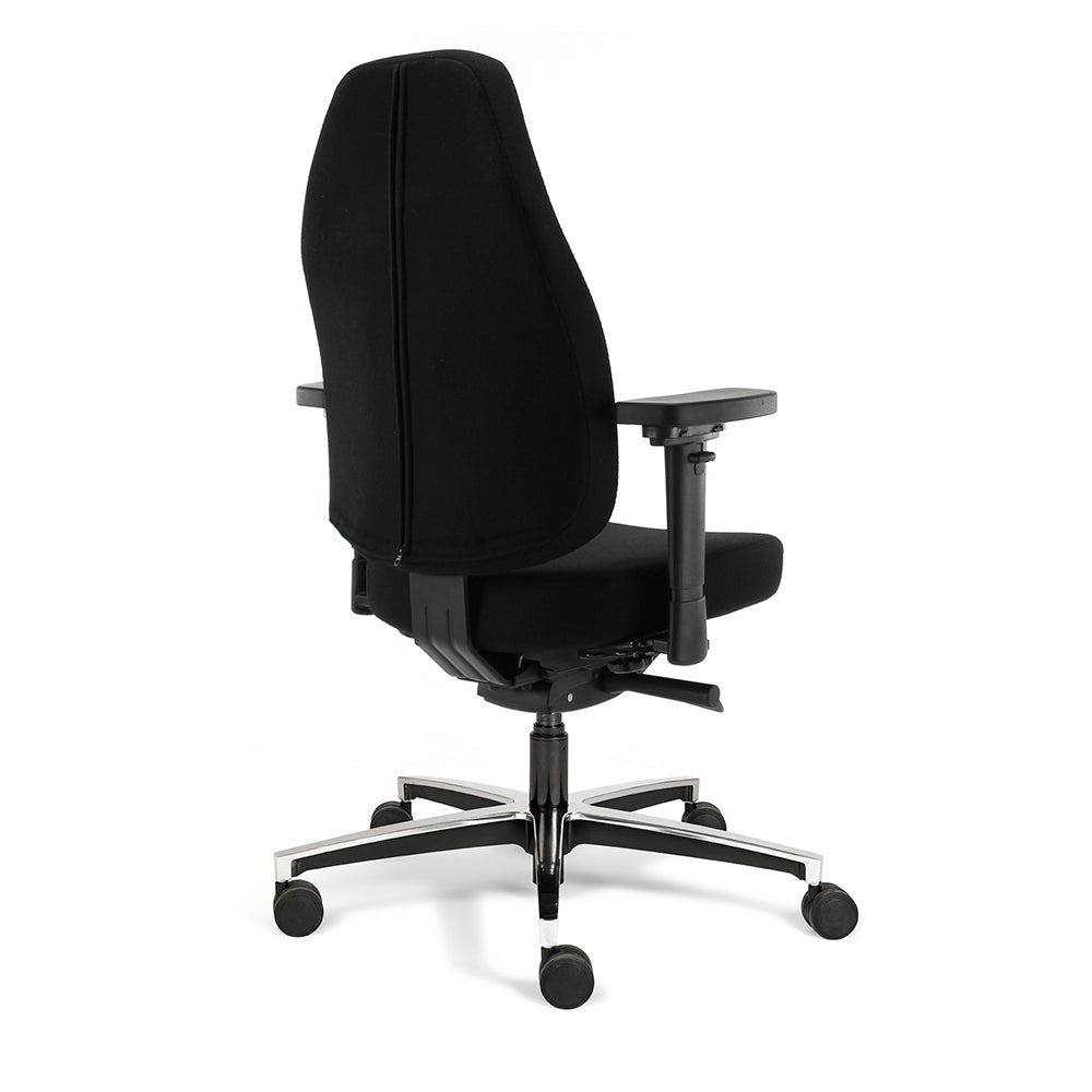 Bureaustoel Therapod X, aluminium voetkruis, zwarte stoffering, zijaanzicht vanaf rechtsachter.