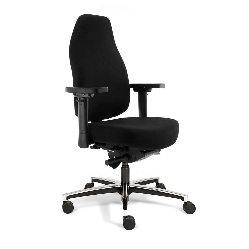 Bureaustoel Therapod X, aluminium voetkruis, zwarte stoffering, zijaanzicht vanaf rechtsvoor.