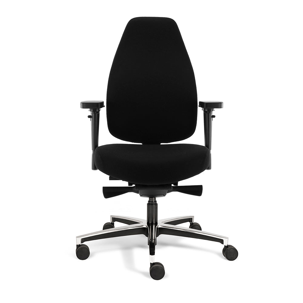 Bureaustoel Therapod X, aluminium voetkruis, zwarte stoffering, vooraanzicht.