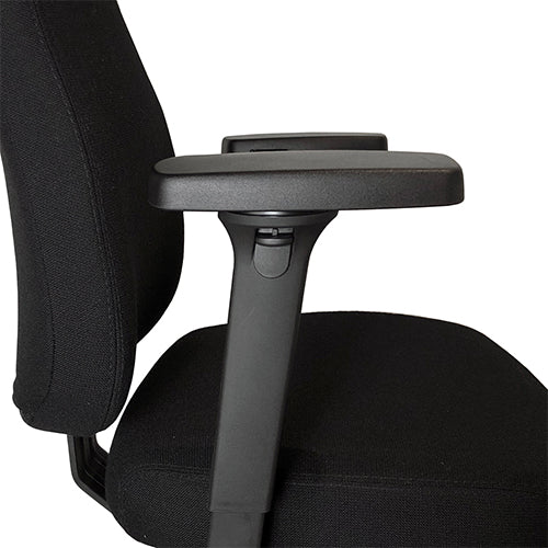 Bureaustoel Therapod X, zwarte stoffering, 4D-armleuningen, zijaanzicht vanaf rechts.