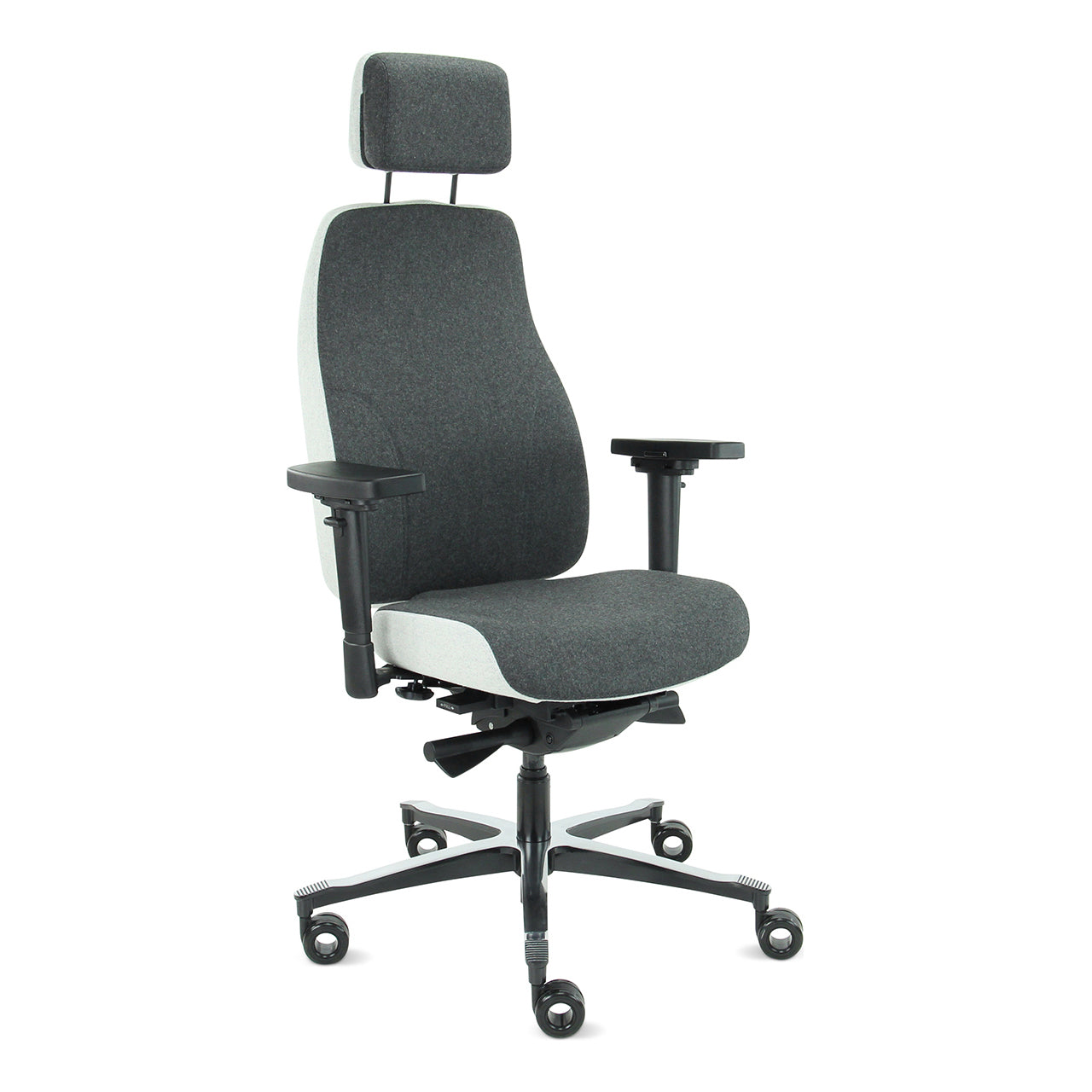 Bureaustoel Therapod X2, aluminium voetkruis, facet stoffering, inclusief hoofdsteun, zijaanzicht vanaf rechtsvoor.