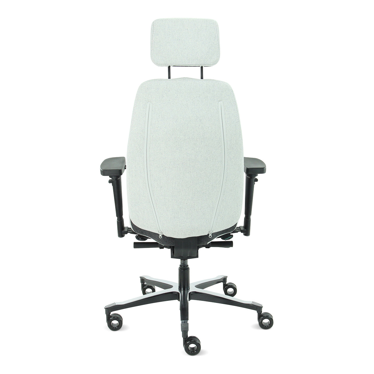 Bureaustoel Therapod X2, aluminium voetkruis, facet stoffering, achteraanzicht met beide ritsen duidelijk zichtbaar.