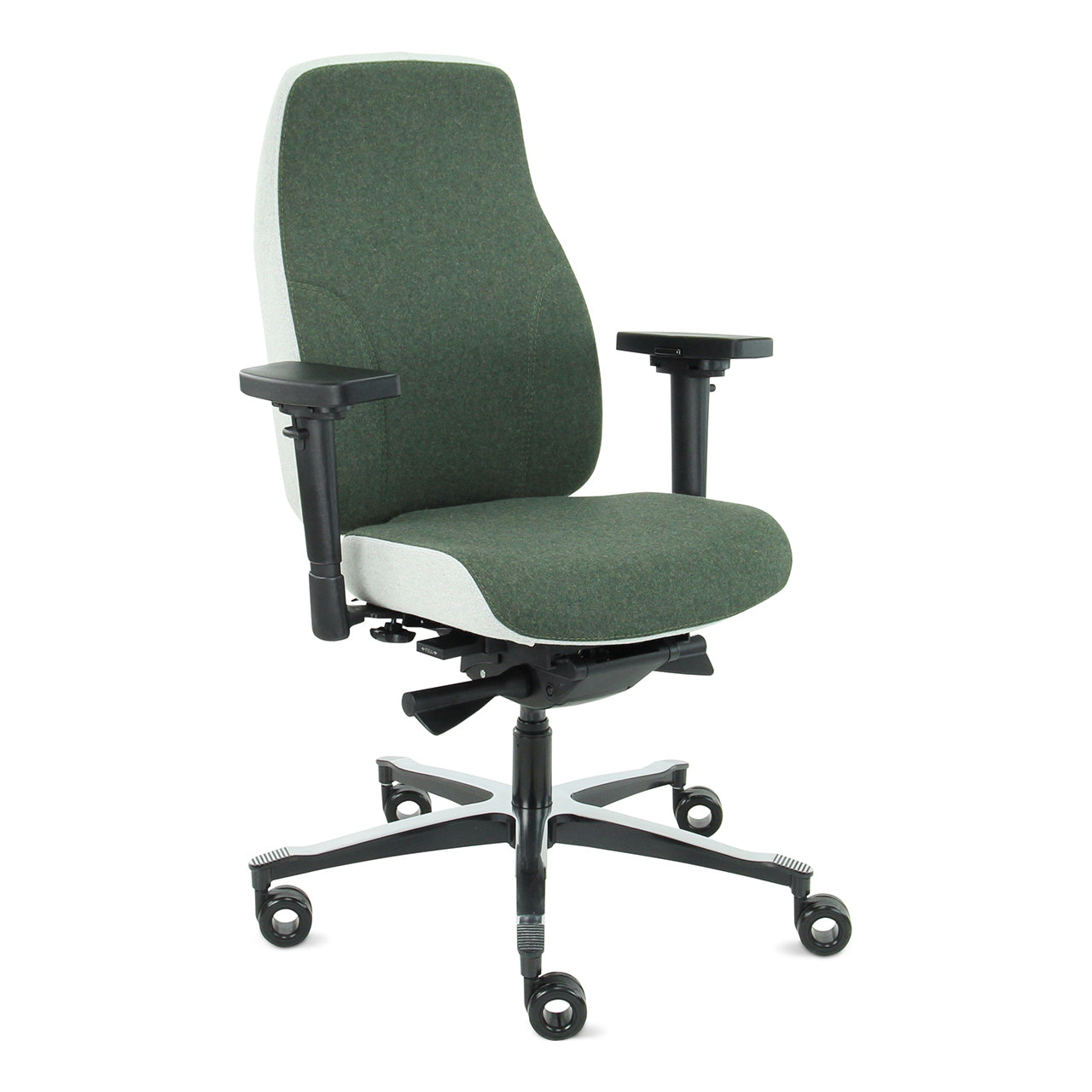 Bureaustoel Therapod X2, aluminium voetkruis, groene stoffering, optie voor hoofdsteun, zijaanzicht vanaf rechtsvoor.