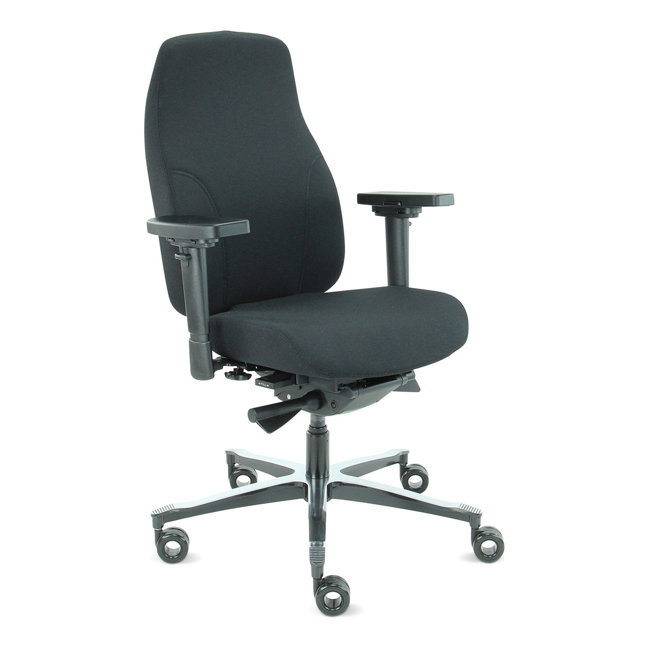 Bureaustoel Therapod X2, aluminium voetkruis, zwarte stoffering, zijaanzicht vanaf rechtsvoor.