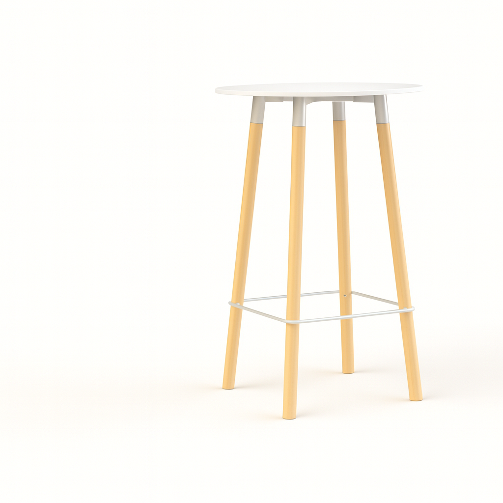 Bartafel Corner met een wit werkblad, aluminium frame en houten poten