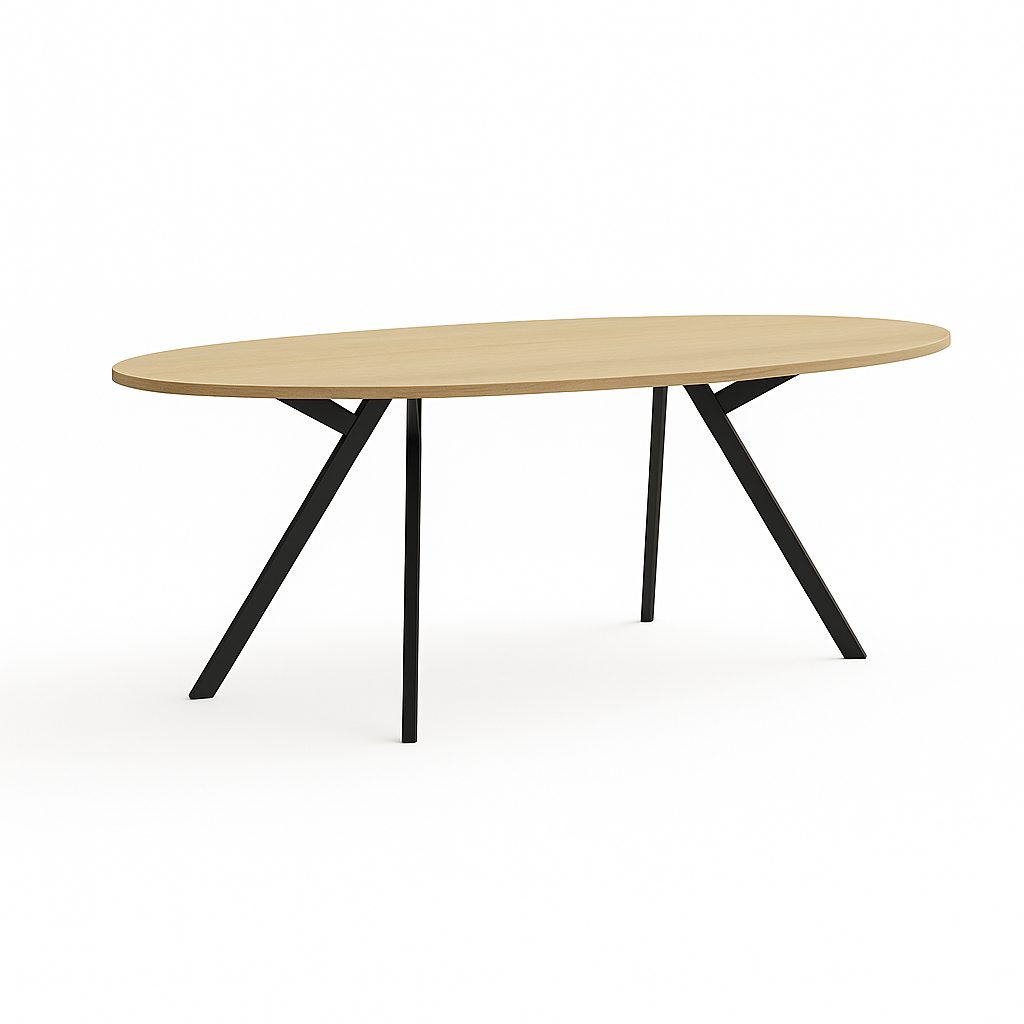 Ellipsvormige tafel zwart frame met licht eiken werkblad