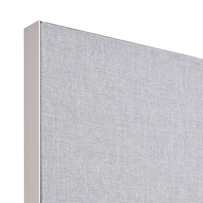 Detailfoto van de akoestische H-opstelling met een wit aluminium frame en tallow grijze bekleding