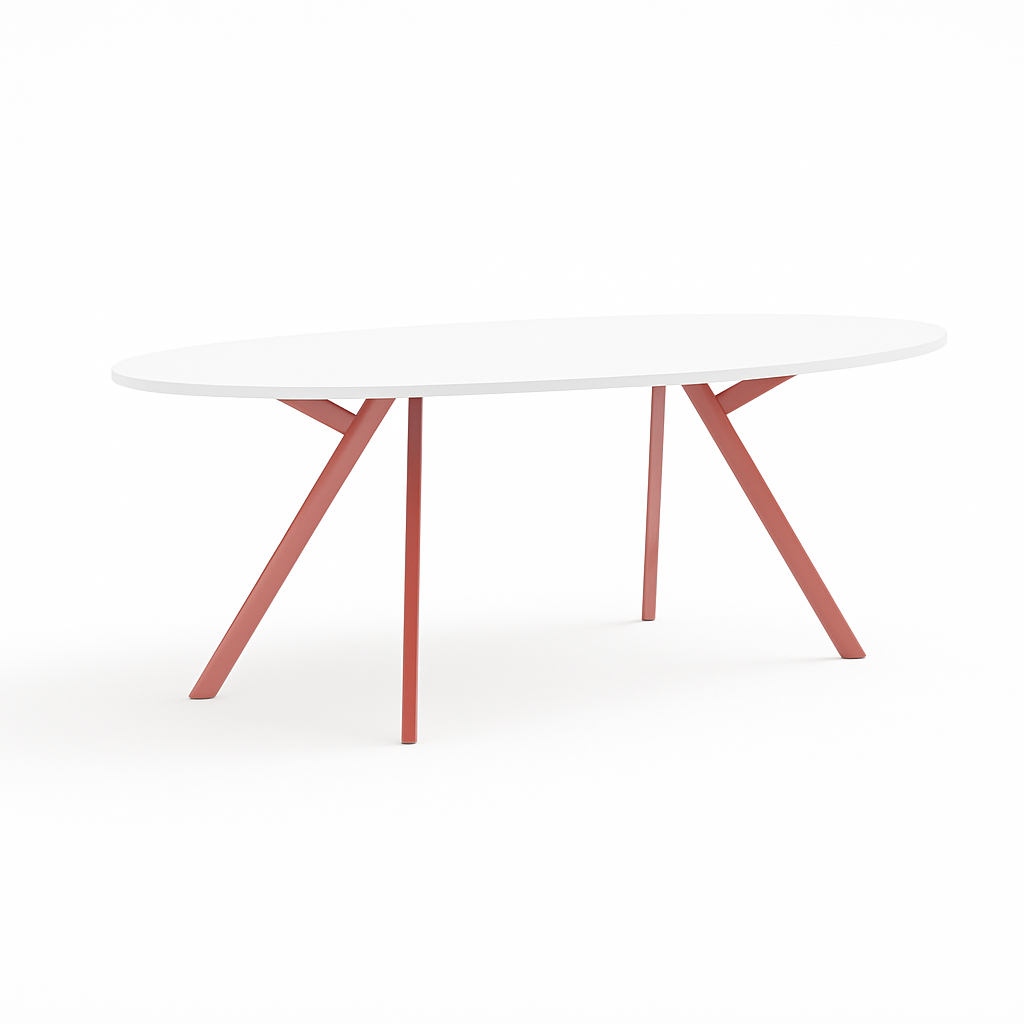 Strakke vergadertafel met wit werkblad en rood frame