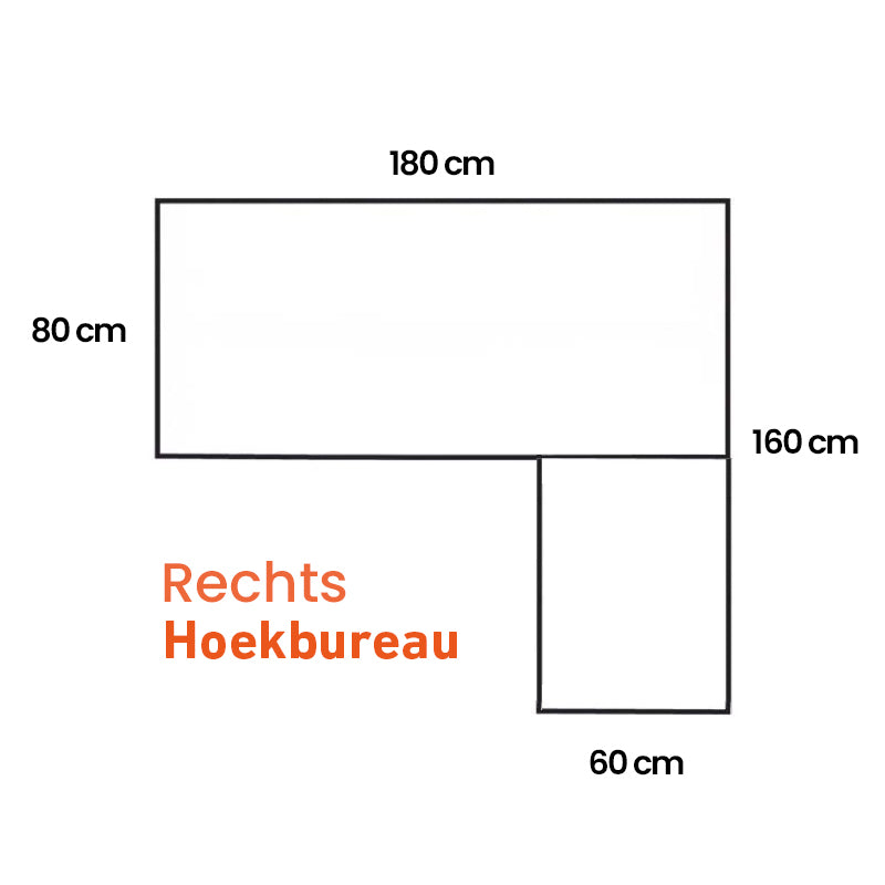 Tekening van de afmetingen van het Ergowork Hoekbureau in de rechter uitvoering
