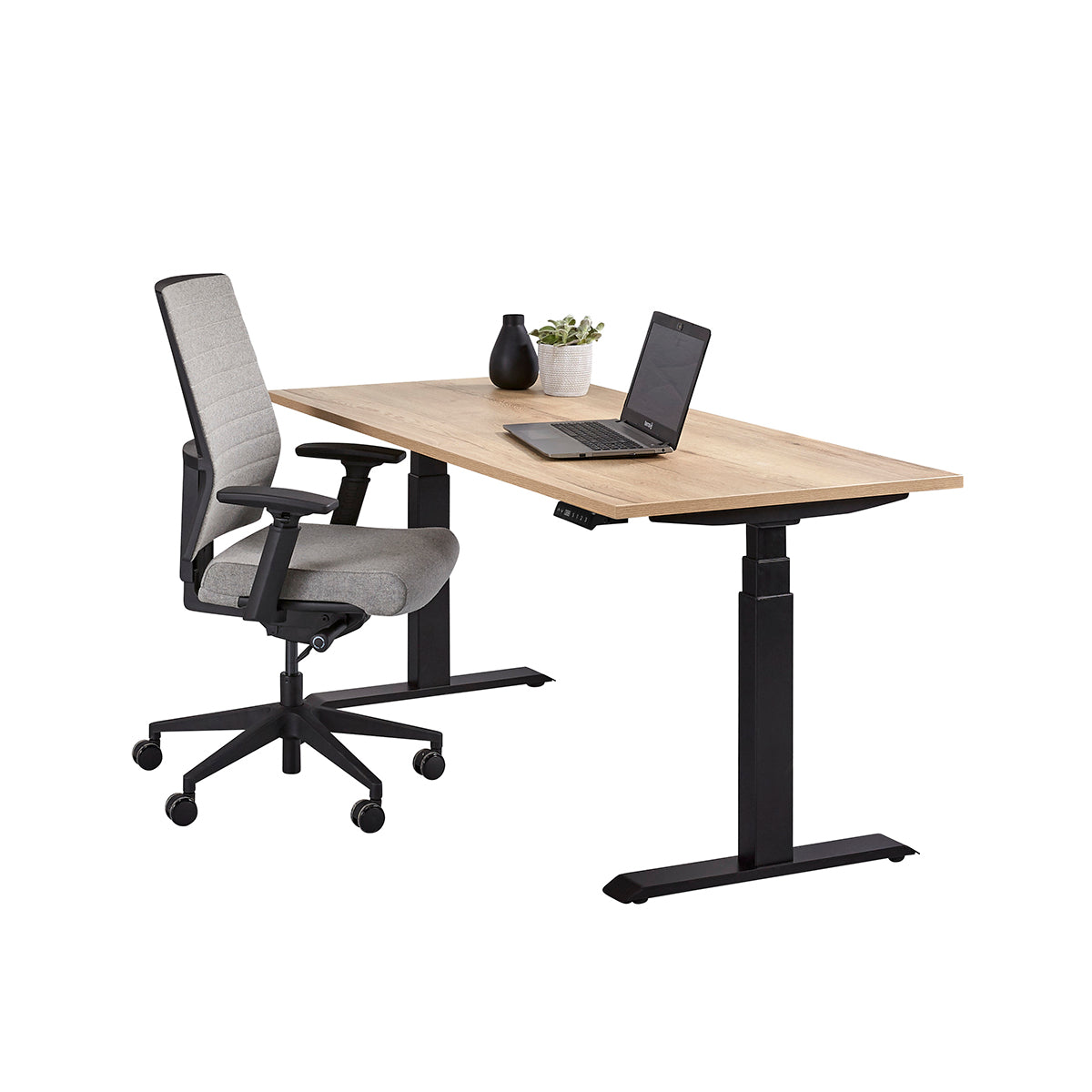 Ergowork zit-sta bureau in de kleur zwart met nature blad en bureaustoel
