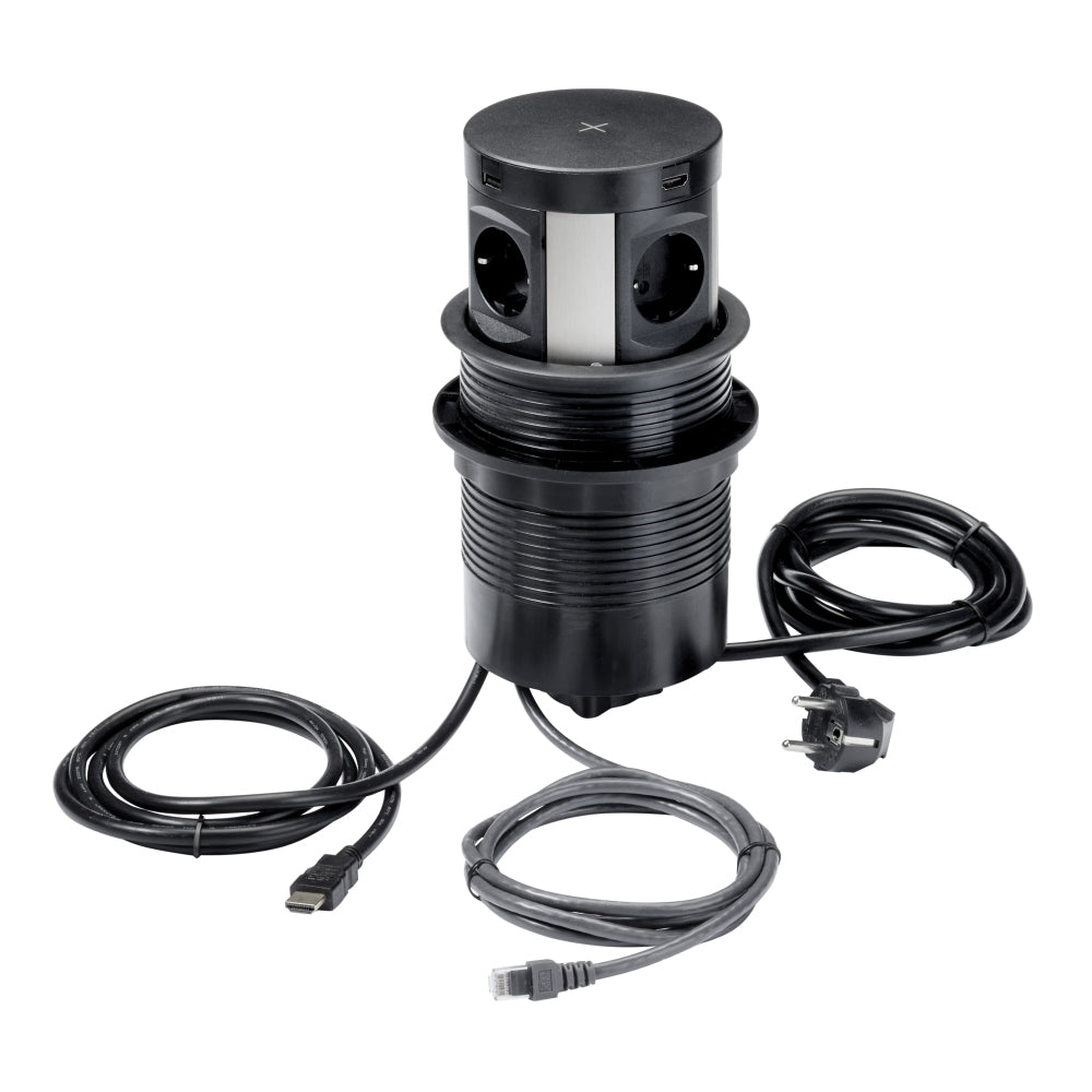 Zwarte Power Pop Up inbouw unit met een diameter van 120 mm