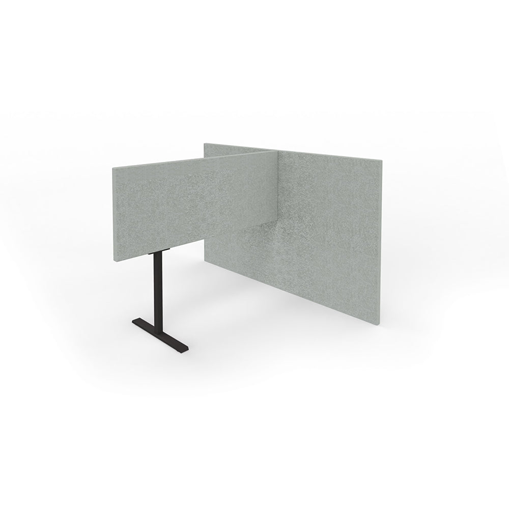 Akoestische scheidingswand T-opstelling in grijs groen met een zwarte steunpoot