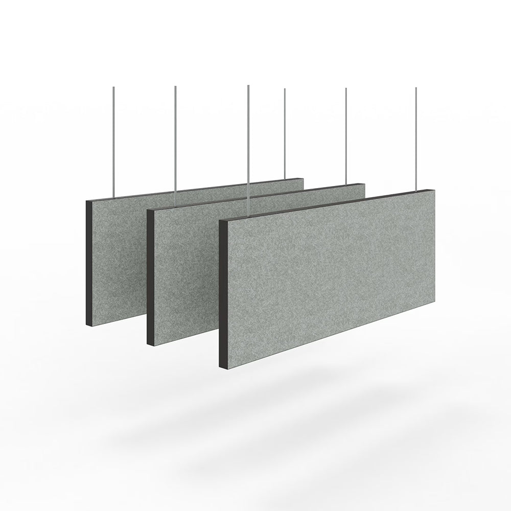 De akoestische baffle Ed met grijze stoffering en zwart aluminium kader