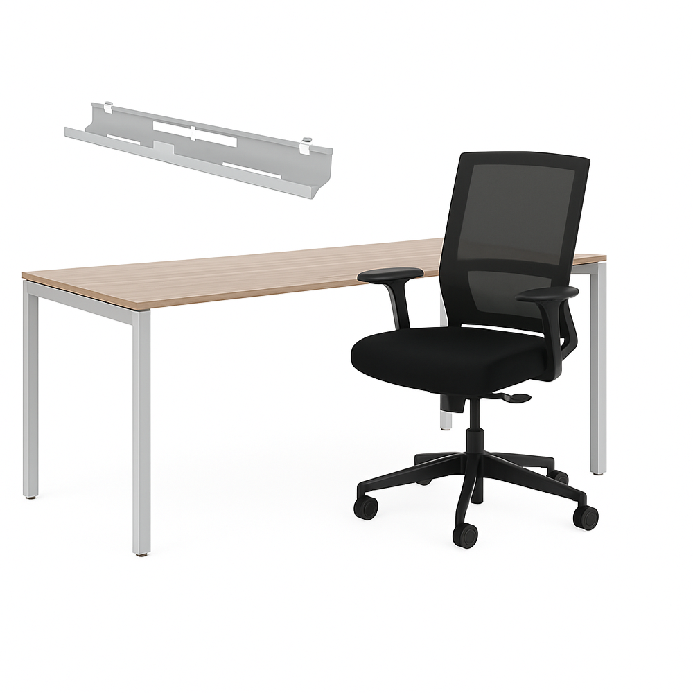Budget werkplek bestaande uit aluminium bureau Now, kabelgoot en zwarte Sepp bureaustoel 