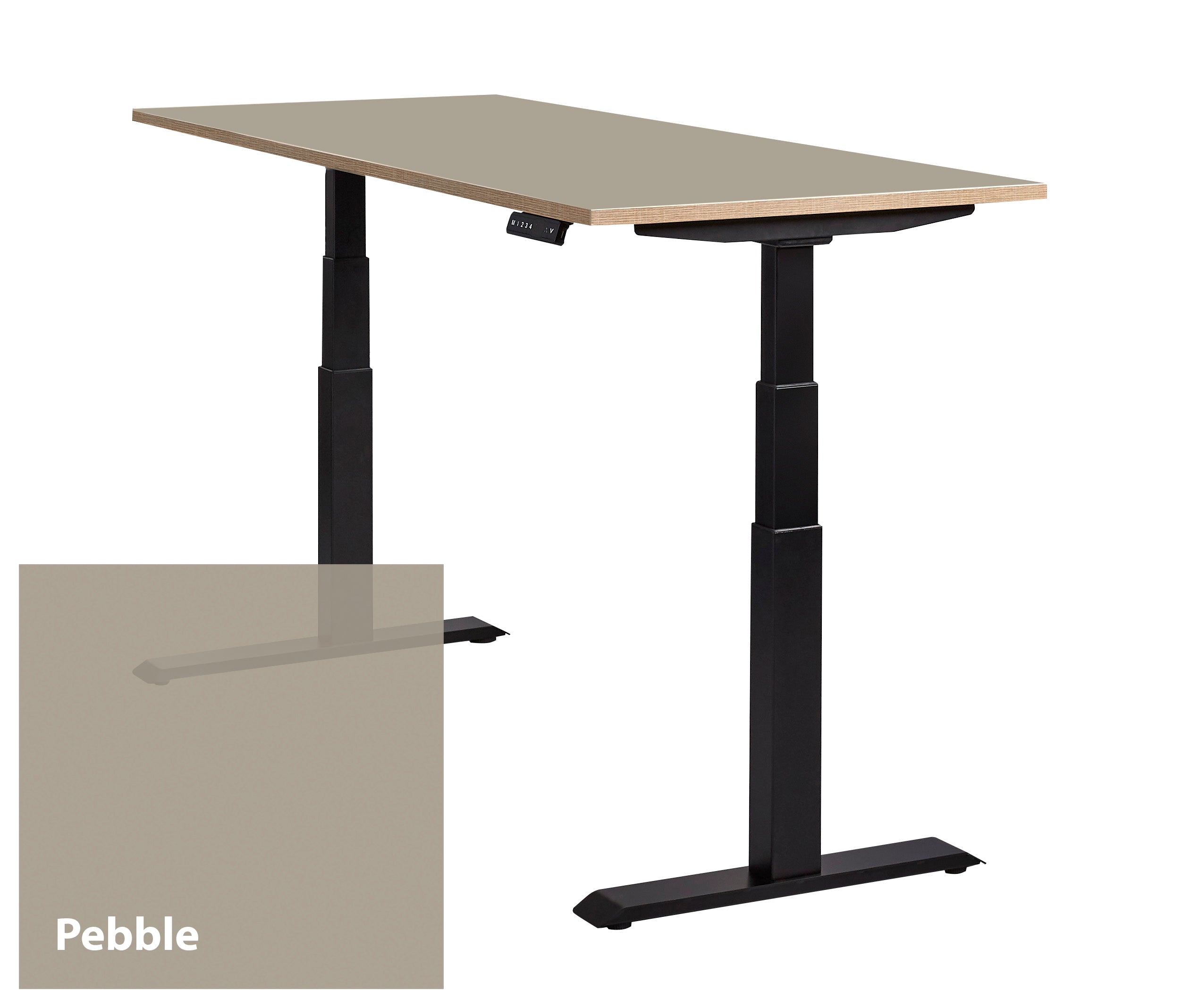 Van schuinvoor gezien bureau Lino in het zwart met een Pebble toplaag van linoleum