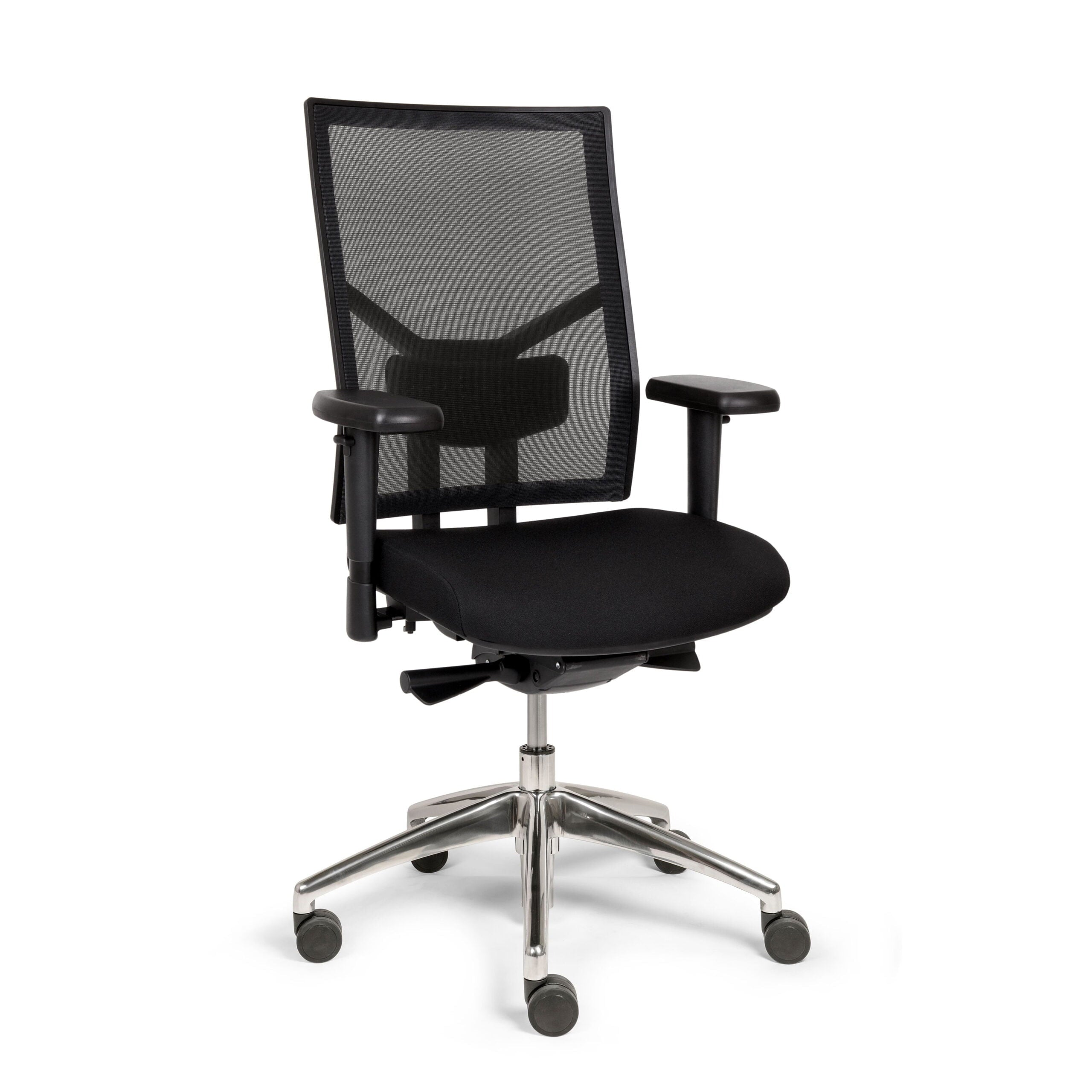 Bureaustoel Dani met aluminium voetkruis en ergonomische netwave rugleuning, zijaanzicht van rechtsvoor.