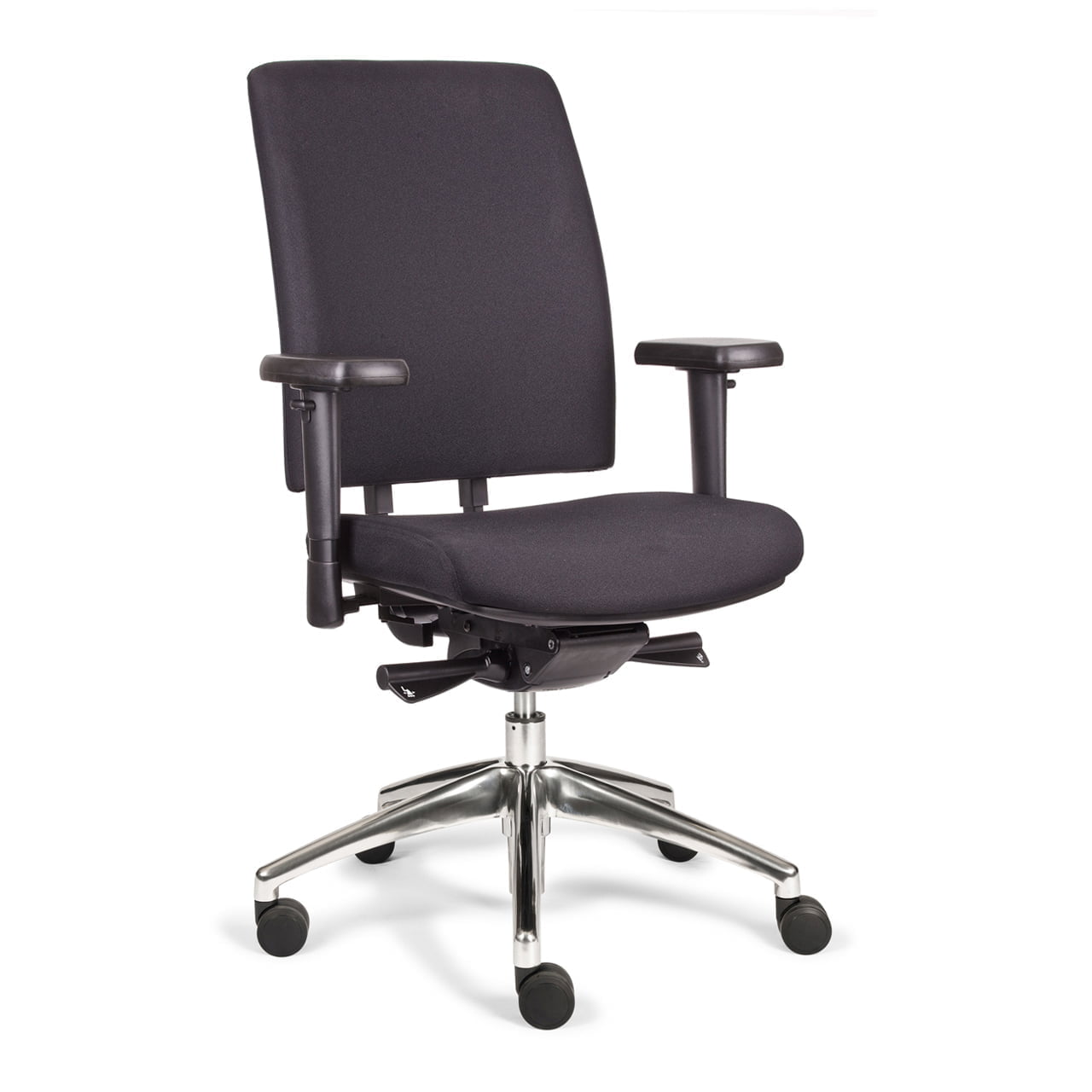Bureaustoel Eddy NPR met chroom voetkruis en dichte zwarte rugleuning, ergonomisch ontwerp voor comfort en ondersteuning.