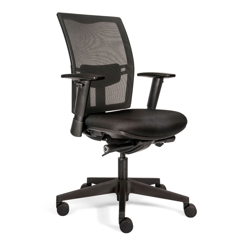 Bureaustoel Rhea met zwart voetkruis, netwave rugleuning en 2D-armleuningen