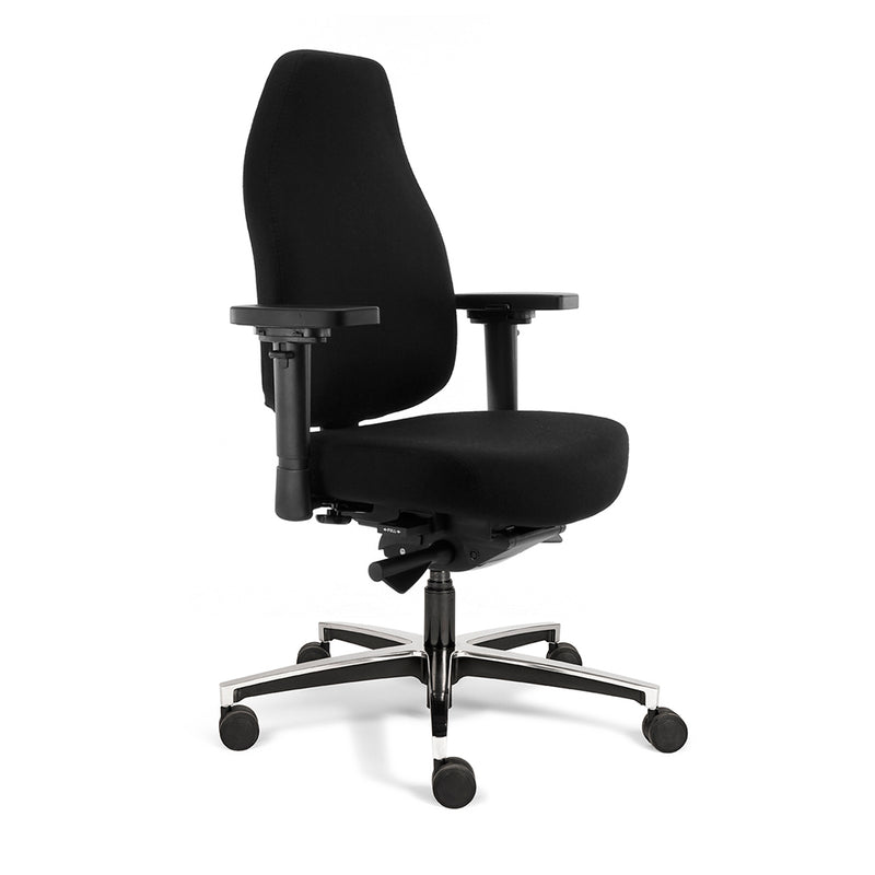 Bureaustoel Therapod X, aluminium voetkruis, zwarte stoffering, zijaanzicht vanaf rechtsvoor.