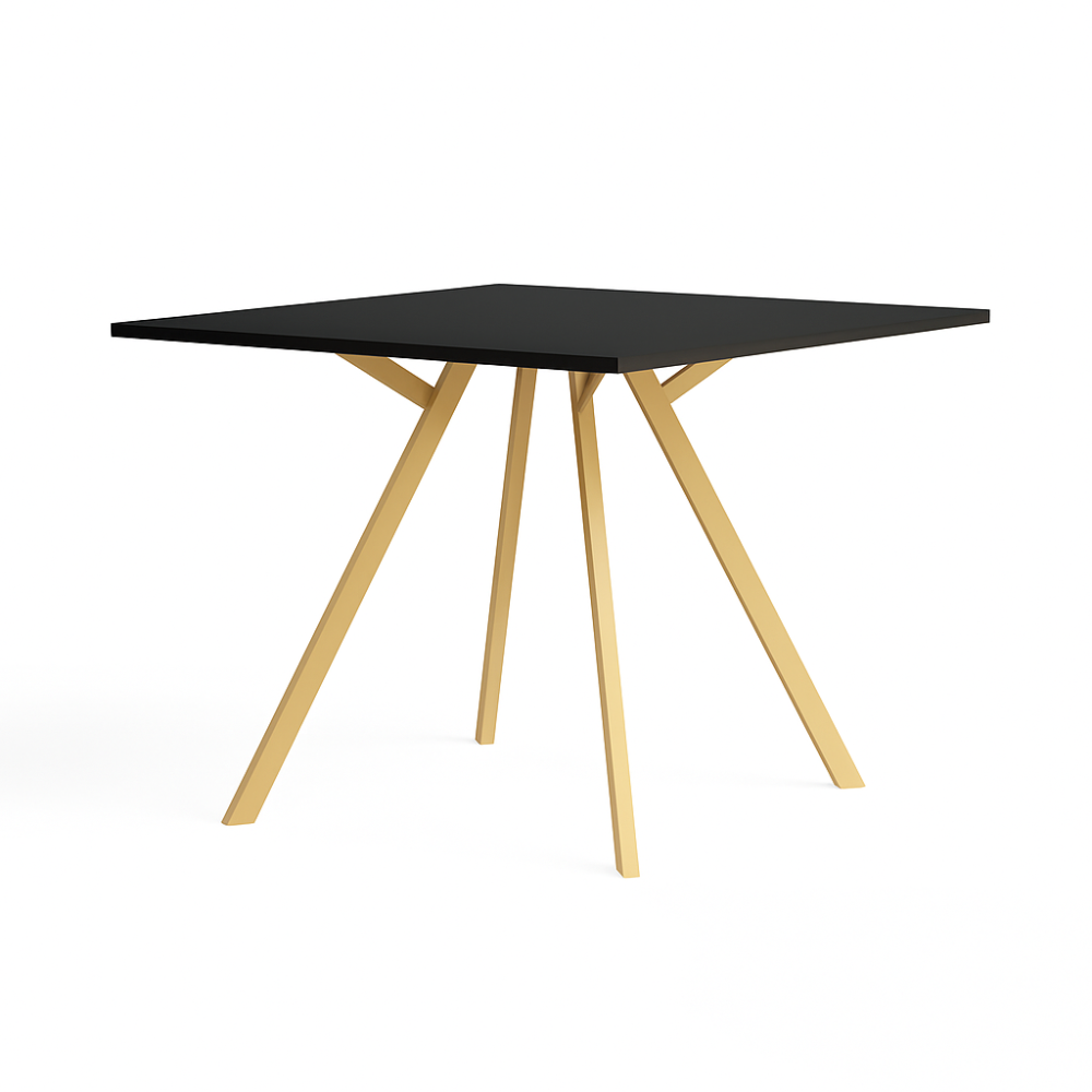 Moderne Cube tafel in vierkante uitvoering met opvallend zwart blad en zandgeel onderstel