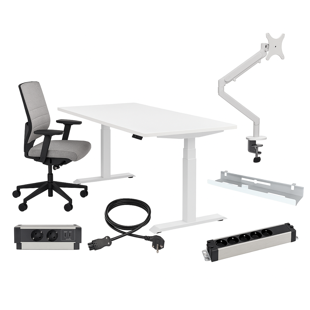 Alle producten van een ergonomische werkplek inclusief een wit zit-sta bureau, ergonomische bureaustoel, witte monitorarm, kabelgoot en elektrificatie set