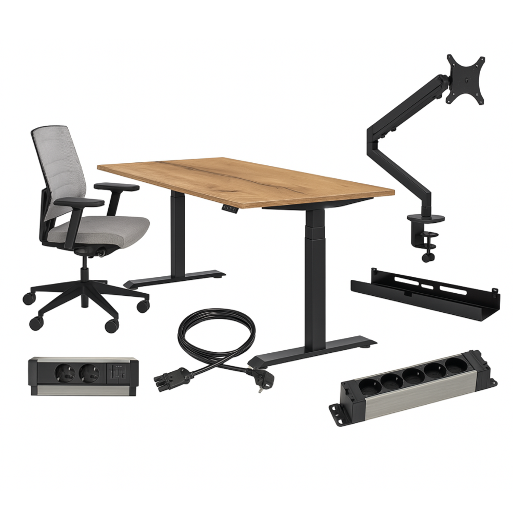 Complete ergonomische werkplek bestaande uit zit-sta bureau, bureaustoel en accessoires