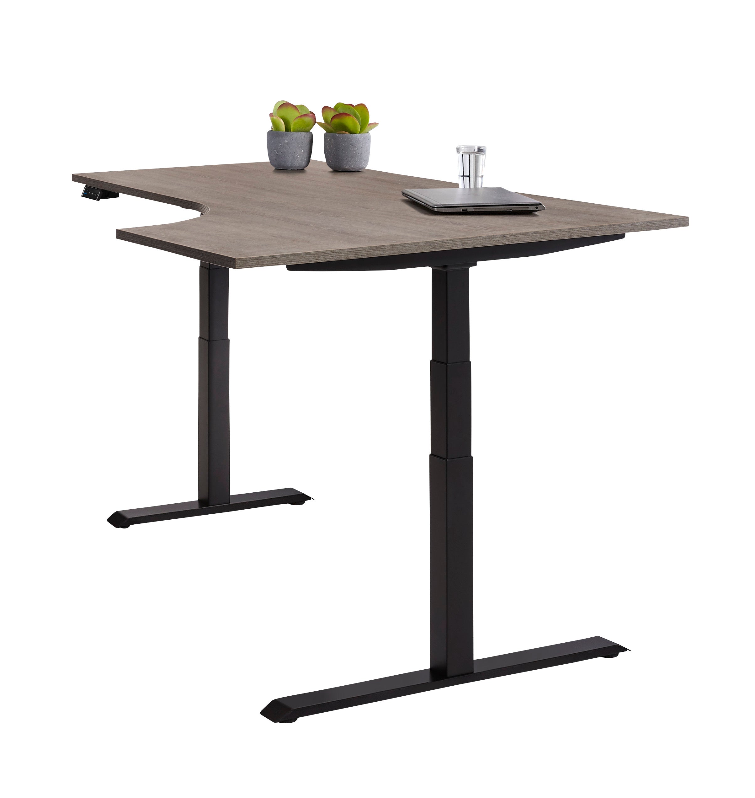 Stijlvol Ergowork wingburea in zit sta uitvoering met zwart frame en wood werkblad