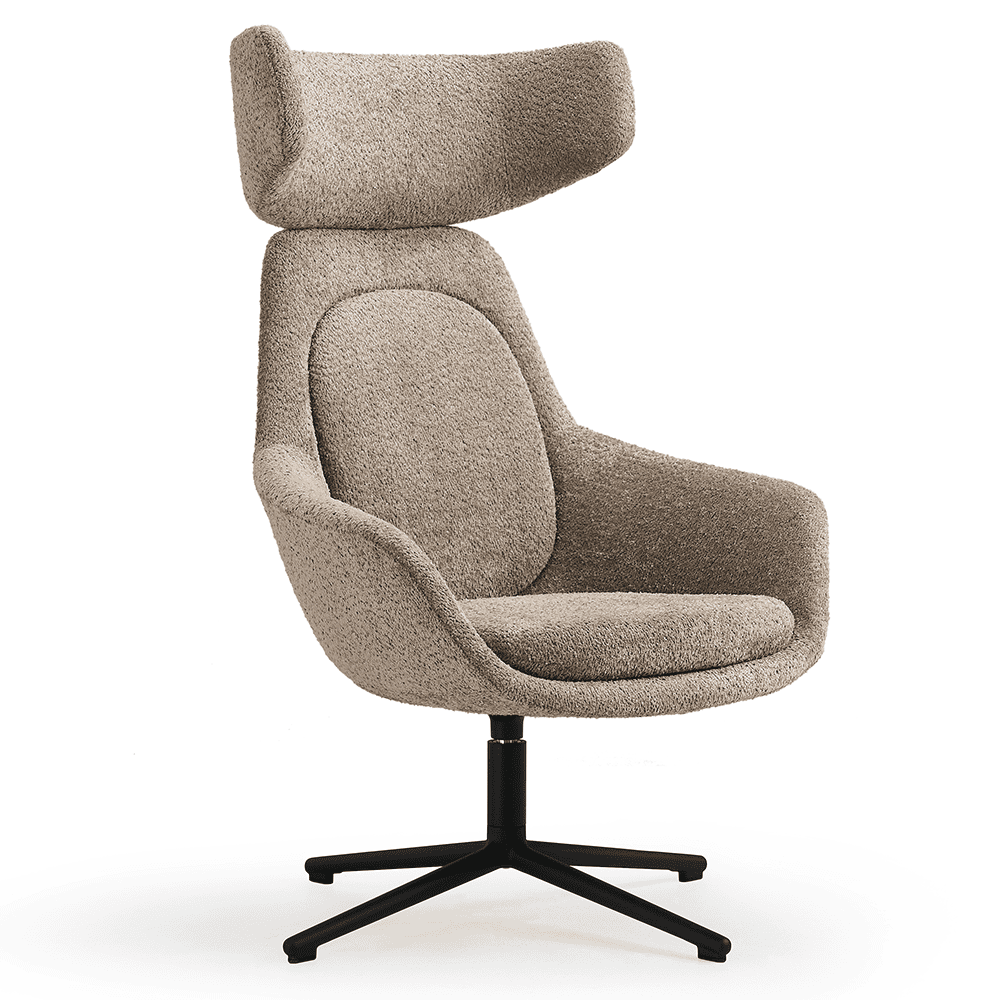 Hoge Nova Orbit stoel met beige teddy stoffering en een zwart voetkruis