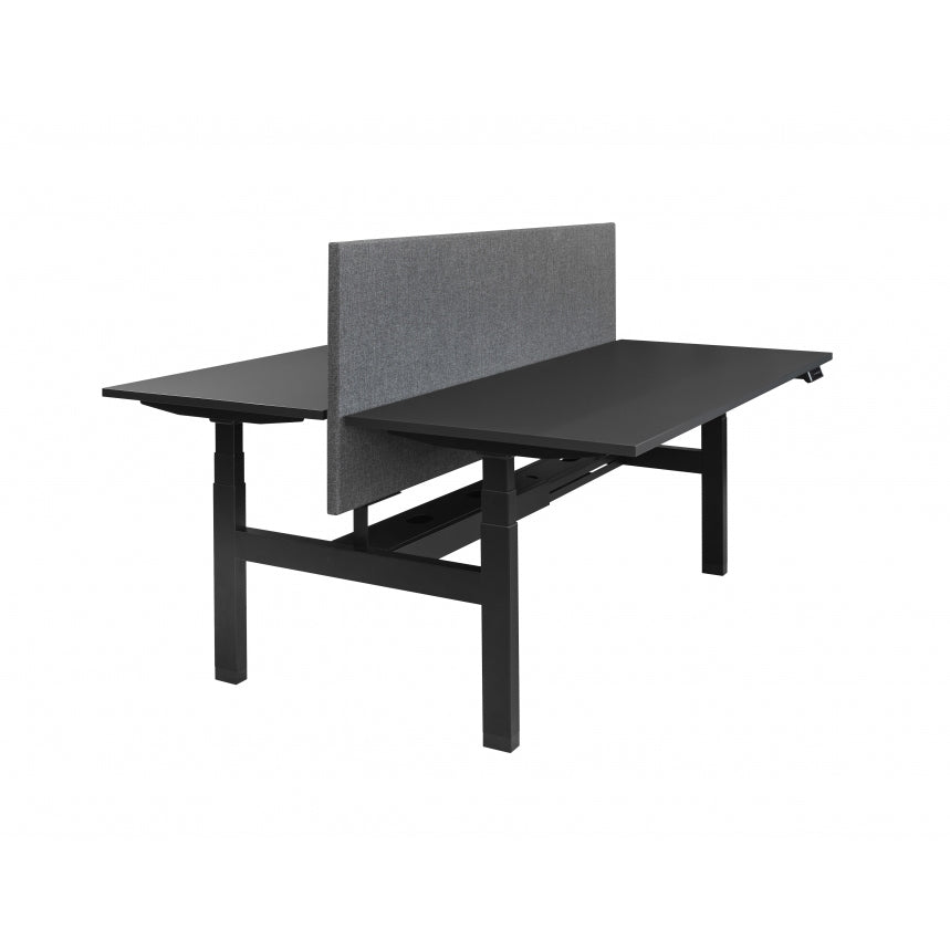 Akoestische tussenwand Rapid voor duo-werkplekken in het antraciet en geplaatst op een geheel zwart frame