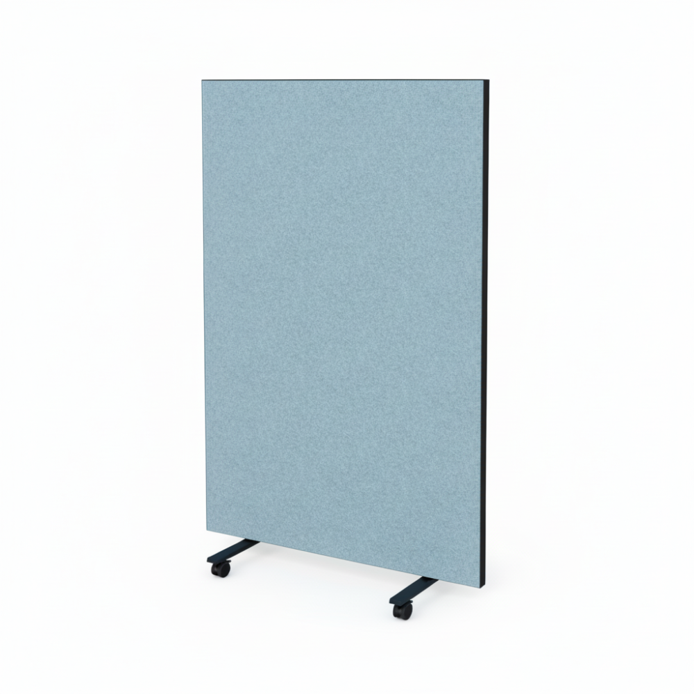 Verrijdbare akoestische roomdivider Siem op zwarte wieltjes en met lichtblauw