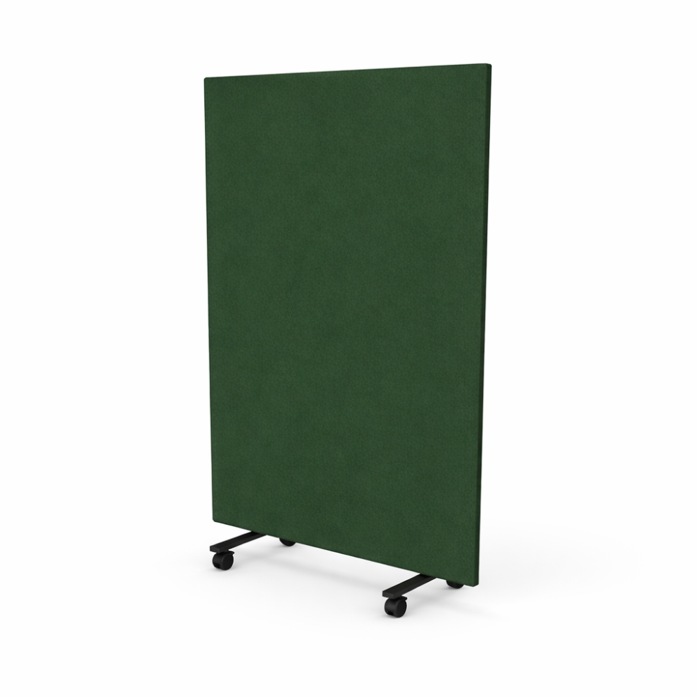 Donkergroene akoestische verrijdbare roomdivider Siem met zwarte wieltjes