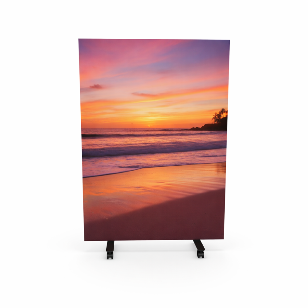De akoestische roomdivider Siem met print van de zonsondergang en voorzien van wieltjes