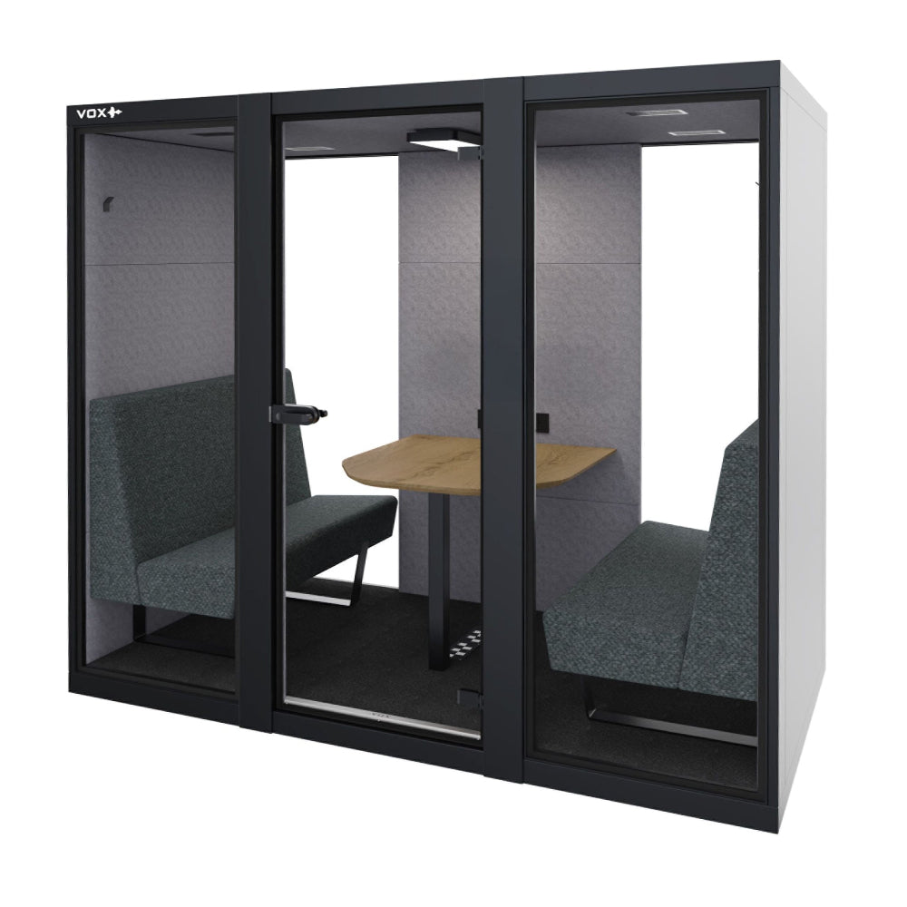 De akoestische werkruimte VOX Pod large in het zwart met een eiken houten tafel en 4 persoonszit